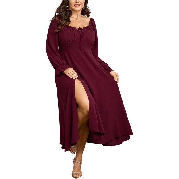 Women's Plus Size Maxi Dress Flowy A-Line Long Sleeve Square Neck Formal - Picture 1 of 7